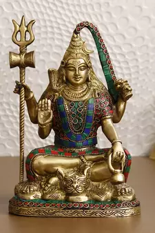 eCraftIndia Lord Shiva Idol DECORative Brass Figurine with Colorful Stone Work