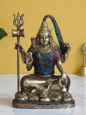 eCraftIndia Lord Shiva Idol DECORative Brass Figurine with Colorful Stone Work 2