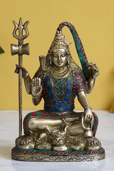 eCraftIndia Lord Shiva Idol DECORative Brass Figurine with Colorful Stone Work