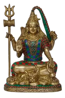 eCraftIndia Lord Shiva Idol DECORative Brass Figurine with Colorful Stone Work