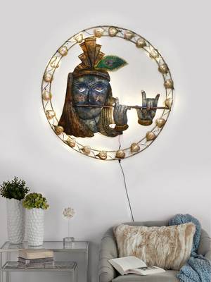 eCraftIndia Lord Krishna Playing Flute Handcrafted Iron Wall Hanging with background LED's 1