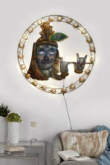 eCraftIndia Lord Krishna Playing Flute Handcrafted Iron Wall Hanging with background LED's