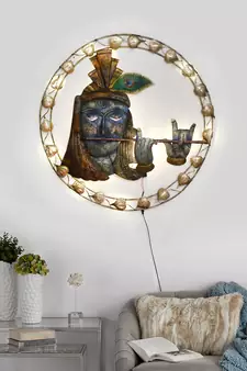 eCraftIndia Lord Krishna Playing Flute Handcrafted Iron Wall Hanging with background LED's