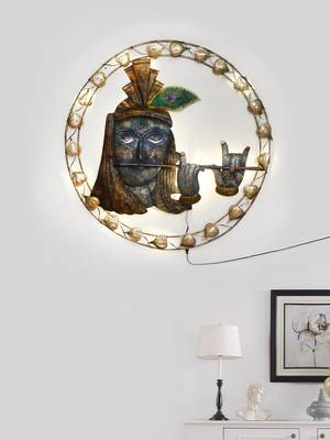 eCraftIndia Lord Krishna Playing Flute Handcrafted Iron Wall Hanging with background LED's 2