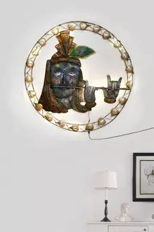 eCraftIndia Lord Krishna Playing Flute Handcrafted Iron Wall Hanging with background LED's