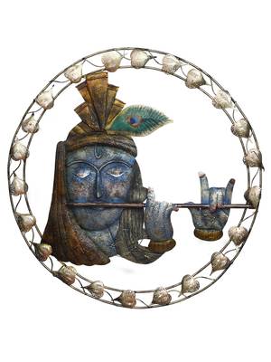 eCraftIndia Lord Krishna Playing Flute Handcrafted Iron Wall Hanging with background LED's 3