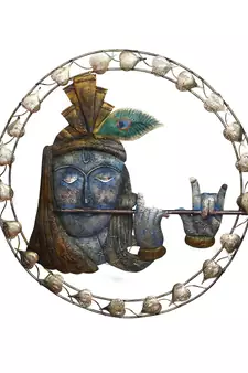eCraftIndia Lord Krishna Playing Flute Handcrafted Iron Wall Hanging with background LED's