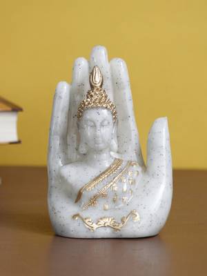 eCraftIndia Dotted White and Golden Palm Buddha Handcrafted DECORative Polyresin Figurine 2