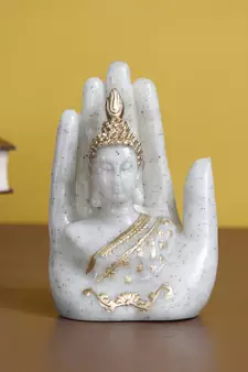 eCraftIndia Dotted White and Golden Palm Buddha Handcrafted DECORative Polyresin Figurine