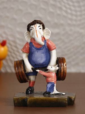 eCraftIndia Lord Ganesha Doing Weightlifting with Mushak Colorful Handcrafted DECORative Figurine 2