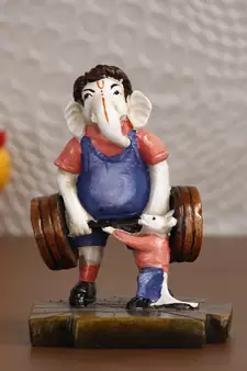 eCraftIndia Lord Ganesha Doing Weightlifting with Mushak Colorful Handcrafted DECORative Figurine