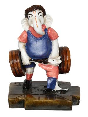 eCraftIndia Lord Ganesha Doing Weightlifting with Mushak Colorful Handcrafted DECORative Figurine 3