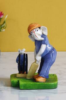 eCraftIndia Lord Ganesha Playing Cricket with Mushak Colorful Handcrafted DECORative Figurine