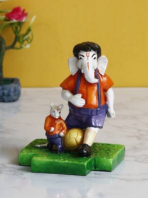 eCraftIndia Lord Ganesha Playing Football with Mushak Colorful Handcrafted DECORative Figurine 1