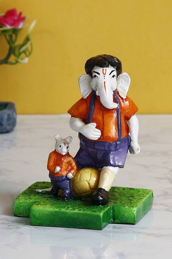 eCraftIndia Lord Ganesha Playing Football with Mushak Colorful Handcrafted DECORative Figurine