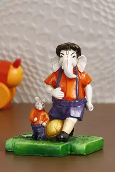 eCraftIndia Lord Ganesha Playing Football with Mushak Colorful Handcrafted DECORative Figurine