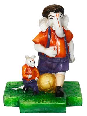 eCraftIndia Lord Ganesha Playing Football with Mushak Colorful Handcrafted DECORative Figurine 3