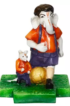 eCraftIndia Lord Ganesha Playing Football with Mushak Colorful Handcrafted DECORative Figurine