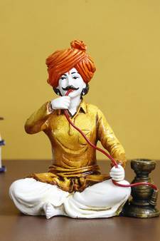 eCraftIndia 7 Inch Rajasthani Men Using Hookah Handcrafted DECORative Polyresin Showpiece