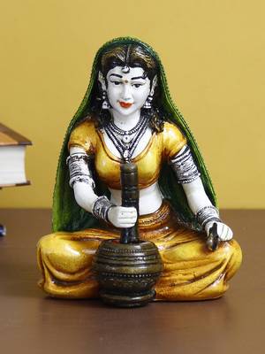 eCraftIndia 7 Inch Rajasthani Lady Grinding Chilli Handcrafted DECORative Polyresin Showpiece 1