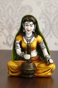 eCraftIndia 7 Inch Rajasthani Lady Grinding Chilli Handcrafted DECORative Polyresin Showpiece
