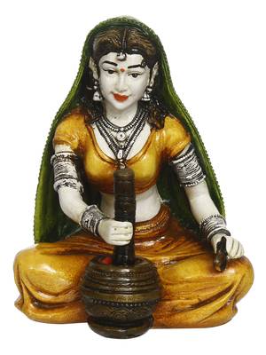 eCraftIndia 7 Inch Rajasthani Lady Grinding Chilli Handcrafted DECORative Polyresin Showpiece 3
