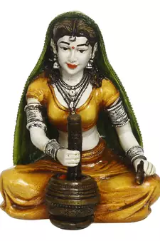 eCraftIndia 7 Inch Rajasthani Lady Grinding Chilli Handcrafted DECORative Polyresin Showpiece