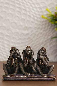 eCraftIndia Set of 3 Wise Monkeys Cold Cast Bronze Resin DECORative Animal Figurine Showpiece