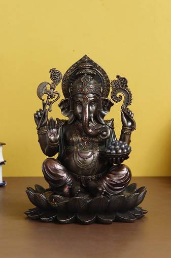 eCraftIndia Lord Ganesha on Lotus Cold Cast Bronze Resin DECORative Figurine