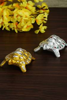 eCraftIndia Golden and Silver Engraved Tortoise Feng Shui Handcrafted DECORative Metal Showpiece