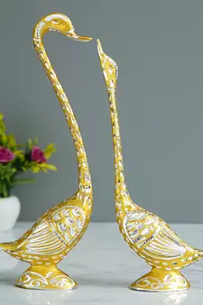 eCraftIndia 14 Inch Golden Kissing Swan Couple Handcrafted DECORative Figurine