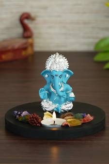 Silver Plated Blue Siddhivinayaka Ganesha DECORative Showpiece with Wooden Base  Fragranced Petals and Tealight