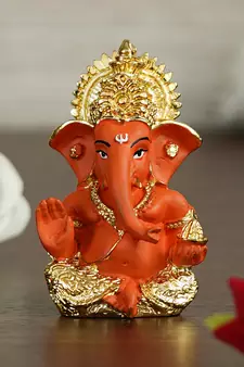 eCraftIndia Gold Plated Orange Siddhivinayaka Ganesha DECORative Showpiece for Home Temple Office Car Dashboard