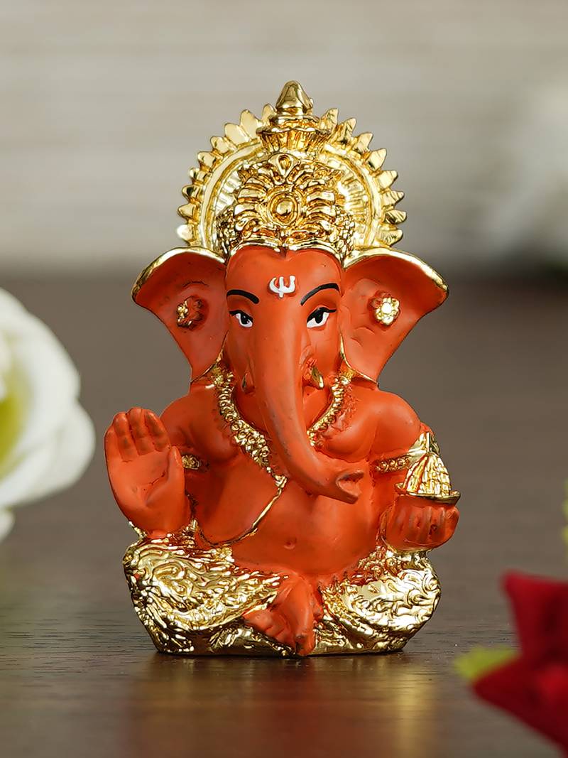 eCraftIndia Gold Plated Orange Siddhivinayaka Ganesha DECORative Showpiece for Home Temple Office Car Dashboard