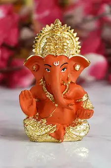 eCraftIndia Gold Plated Orange Siddhivinayaka Ganesha DECORative Showpiece for Home Temple Office Car Dashboard