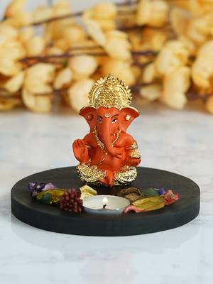 Gold Plated Orange Siddhivinayaka Ganesha DECORative Showpiece with Wooden Base  Fragranced Petals and Tealight 2