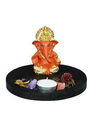 Gold Plated Orange Siddhivinayaka Ganesha DECORative Showpiece with Wooden Base  Fragranced Petals and Tealight 3