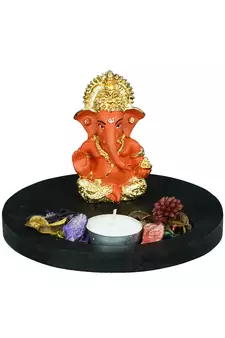Gold Plated Orange Siddhivinayaka Ganesha DECORative Showpiece with Wooden Base  Fragranced Petals and Tealight
