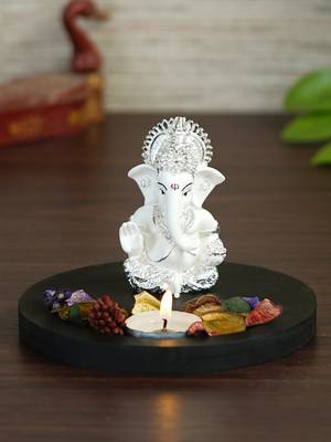 Silver Plated White Siddhivinayaka Ganesha DECORative Showpiece with Wooden Base  Fragranced Petals and Tealight 1