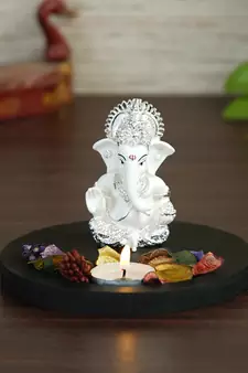 Silver Plated White Siddhivinayaka Ganesha DECORative Showpiece with Wooden Base  Fragranced Petals and Tealight