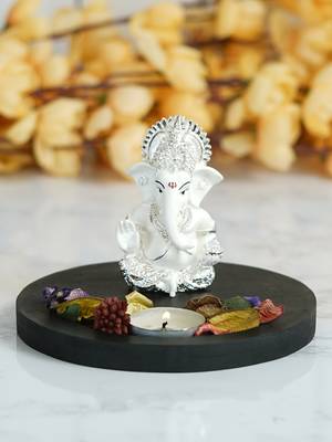 Silver Plated White Siddhivinayaka Ganesha DECORative Showpiece with Wooden Base  Fragranced Petals and Tealight 2