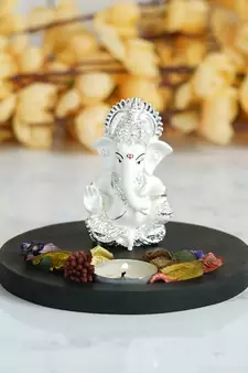 Silver Plated White Siddhivinayaka Ganesha DECORative Showpiece with Wooden Base  Fragranced Petals and Tealight