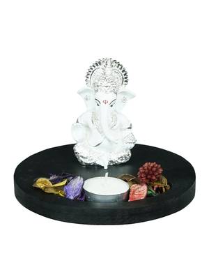 Silver Plated White Siddhivinayaka Ganesha DECORative Showpiece with Wooden Base  Fragranced Petals and Tealight 3