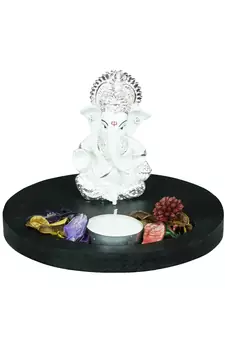 Silver Plated White Siddhivinayaka Ganesha DECORative Showpiece with Wooden Base  Fragranced Petals and Tealight
