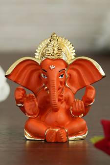 eCraftIndia Gold Plated Orange Siddhivinayaka Ganesha DECORative Showpiece for Home Temple Office Car Dashboard