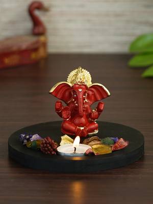 Gold Plated Red Siddhivinayaka Ganesha DECORative Showpiece with Wooden Base  Fragranced Petals and Tealight 1