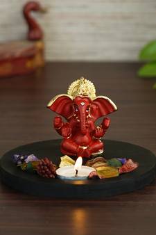 Gold Plated Red Siddhivinayaka Ganesha DECORative Showpiece with Wooden Base  Fragranced Petals and Tealight