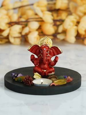 Gold Plated Red Siddhivinayaka Ganesha DECORative Showpiece with Wooden Base  Fragranced Petals and Tealight 2
