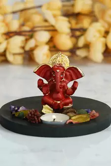 Gold Plated Red Siddhivinayaka Ganesha DECORative Showpiece with Wooden Base  Fragranced Petals and Tealight