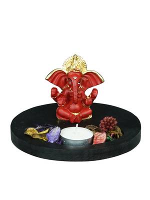Gold Plated Red Siddhivinayaka Ganesha DECORative Showpiece with Wooden Base  Fragranced Petals and Tealight 3